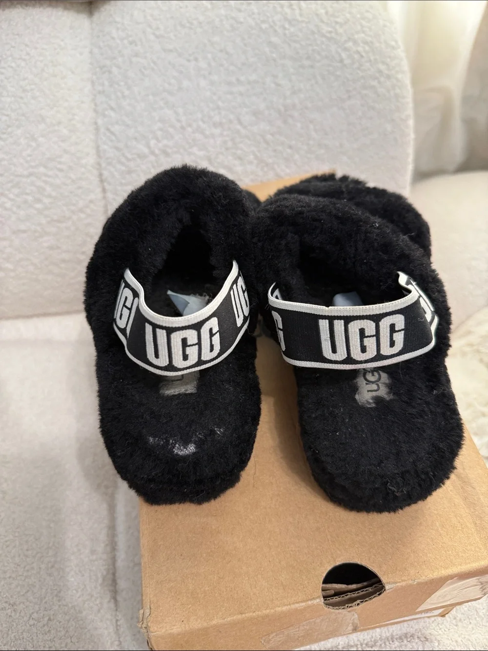 UGG Kids Black Fluff Slide Sandals with Logo Strap